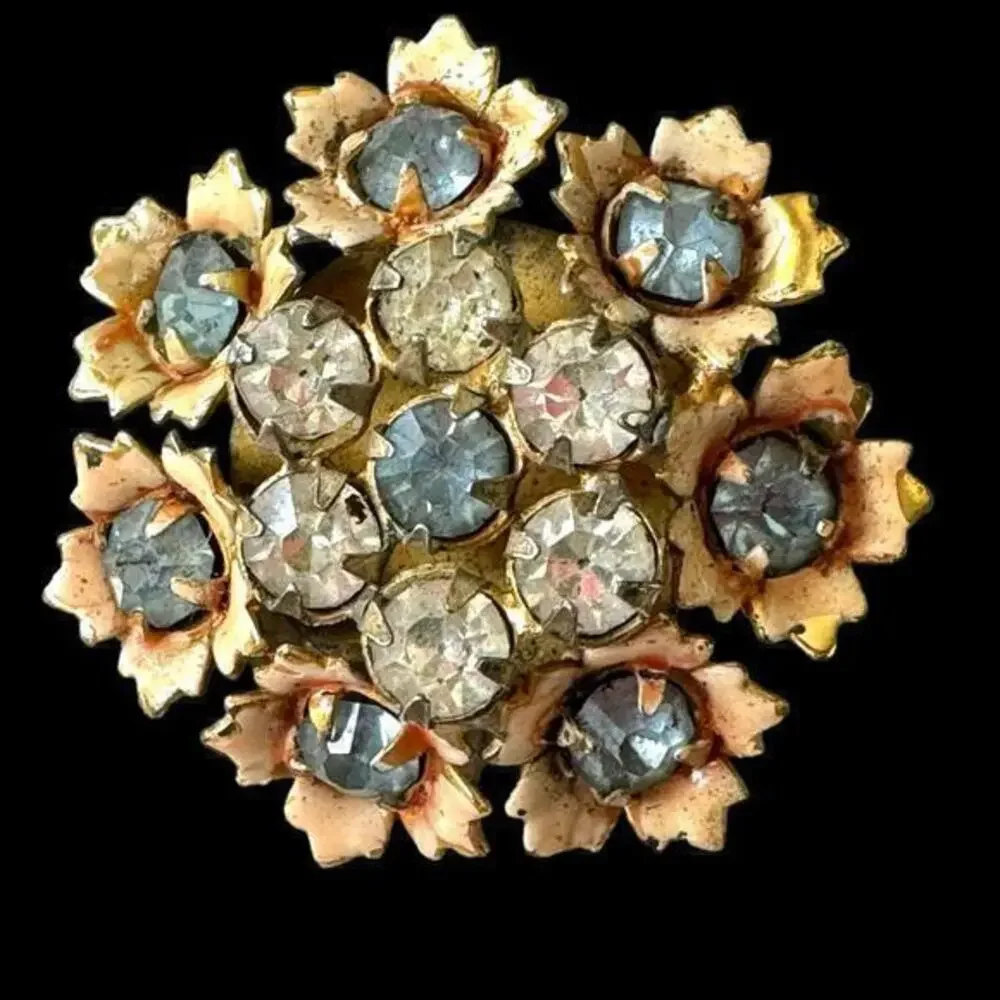 1940’s SANDOR Signed Small Antique Flower Brooch Sea Blue and Clear Rhinestones